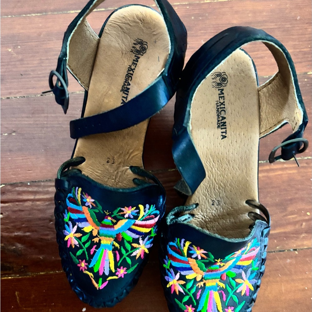 Black Embroidered Leather Women's Sandals